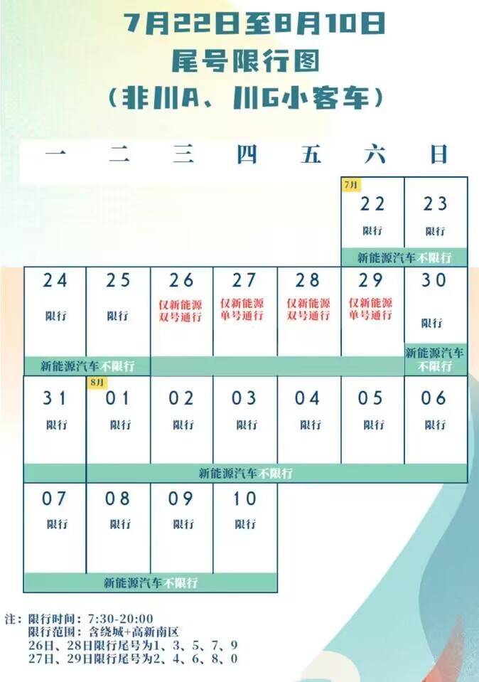 7月26日至29日成都部分区域小微型载客汽车单双号限行安排
